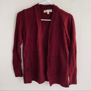 LOFT maroon rib trim open knit cardigan